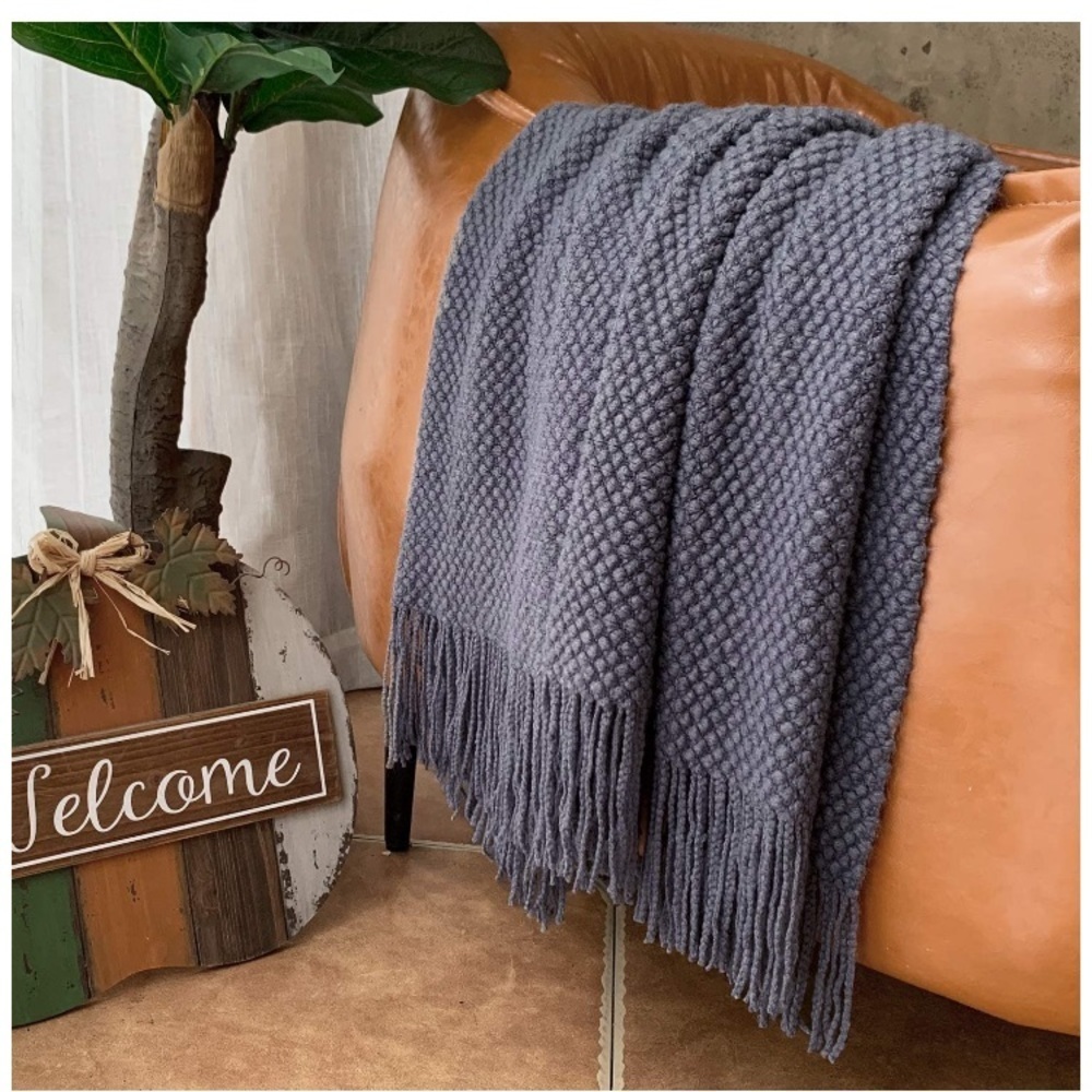 Grey Chic Minimalist Farmhouse Boho Throw Fringe Blanket for Patio/Living Room - Picture 2 of 16